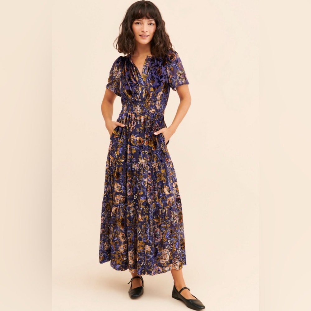 Anthropologie Somerset velvet  tiered  Blue and Purple Floral Maxi Dress